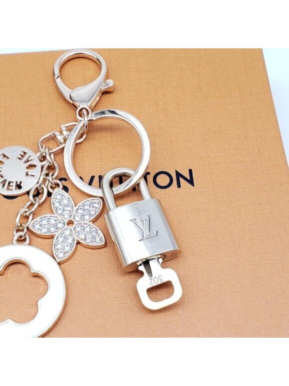 Authentic Louis Vuitton Gold Lock & Box w/ Unbranded Flower Bagcharm 121825 - Picture 8 of 10